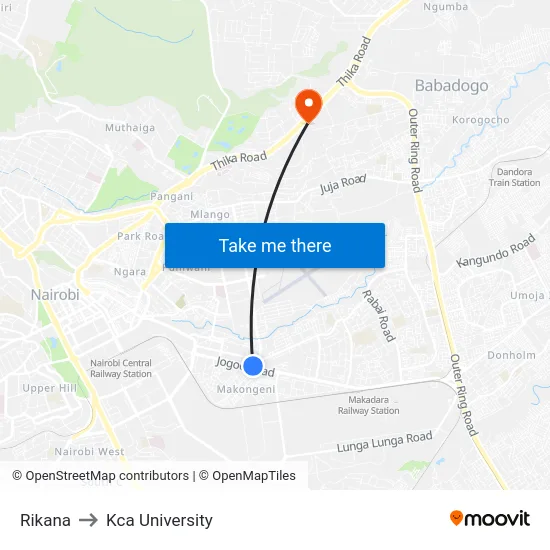 Rikana to Kca University map