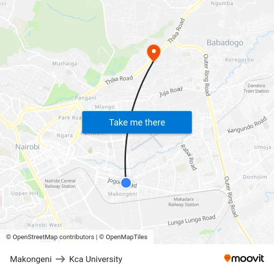 Makongeni to Kca University map