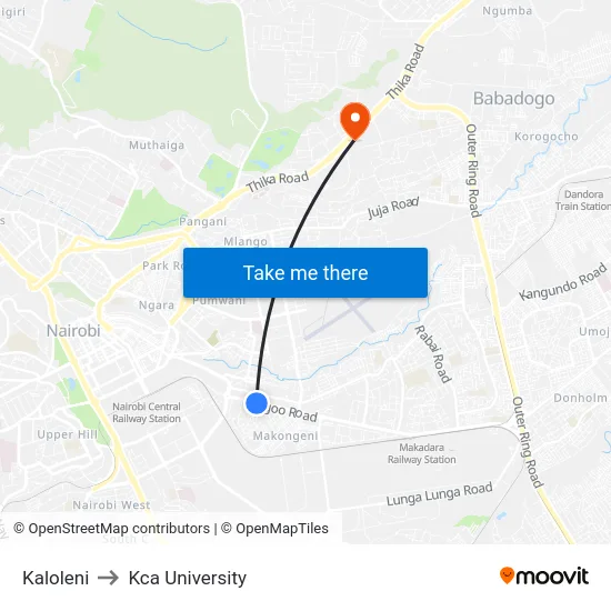 Kaloleni to Kca University map
