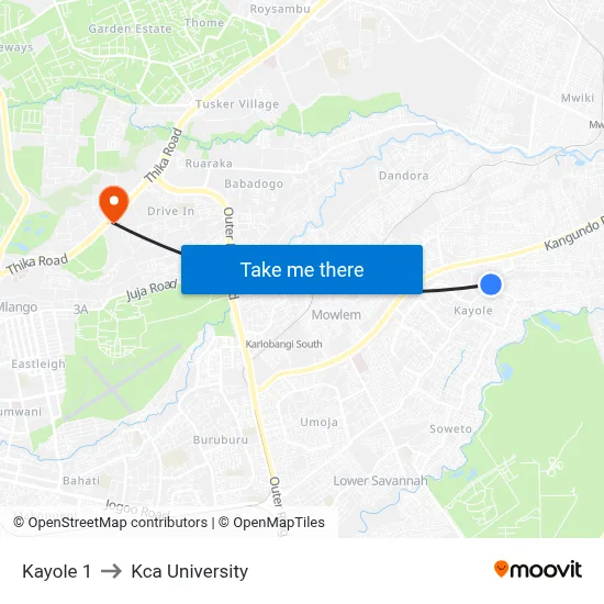 Kayole 1 to Kca University map