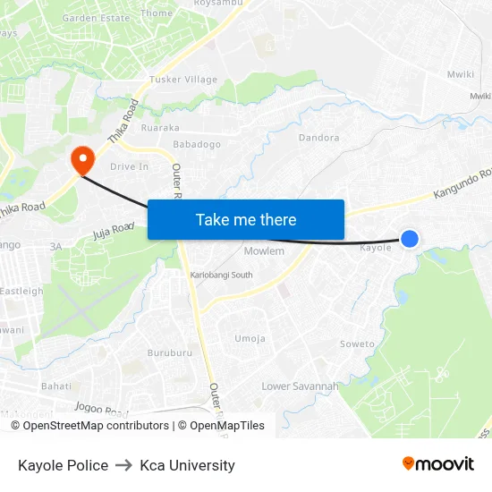 Kayole Police to Kca University map