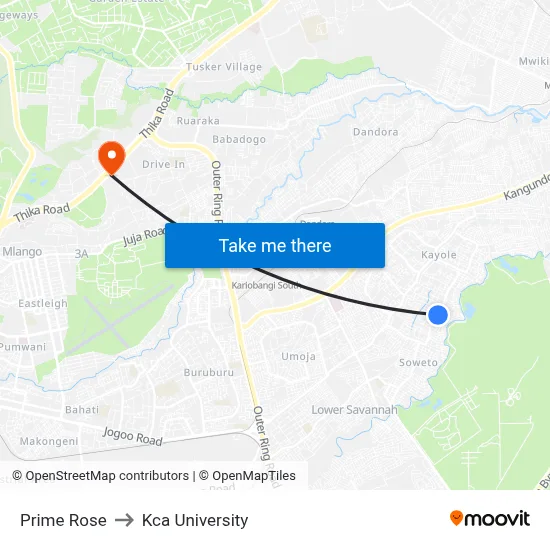 Prime Rose to Kca University map