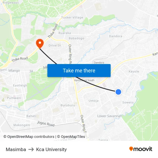 Masimba to Kca University map