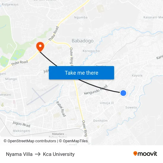 Nyama Villa to Kca University map