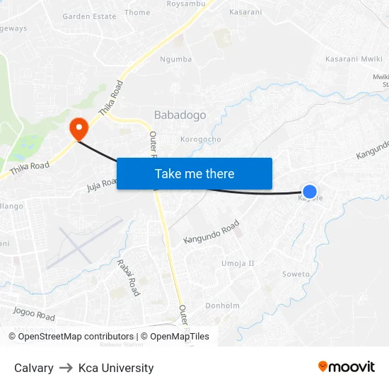 Calvary to Kca University map