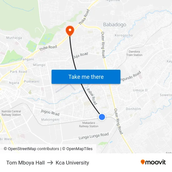 Tom Mboya Hall to Kca University map