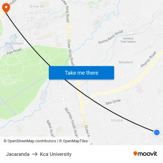Jacaranda to Kca University map
