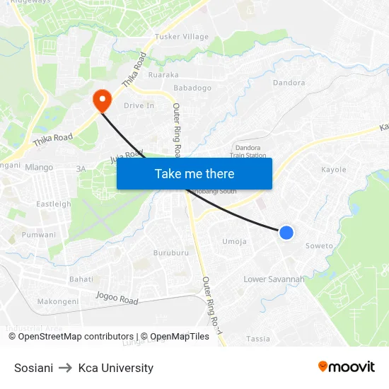 Sosiani to Kca University map