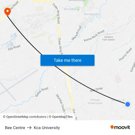 Bee Centre to Kca University map