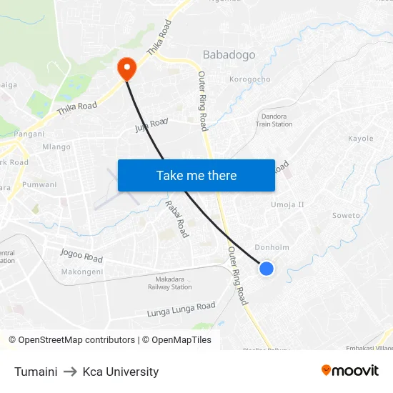 Tumaini to Kca University map