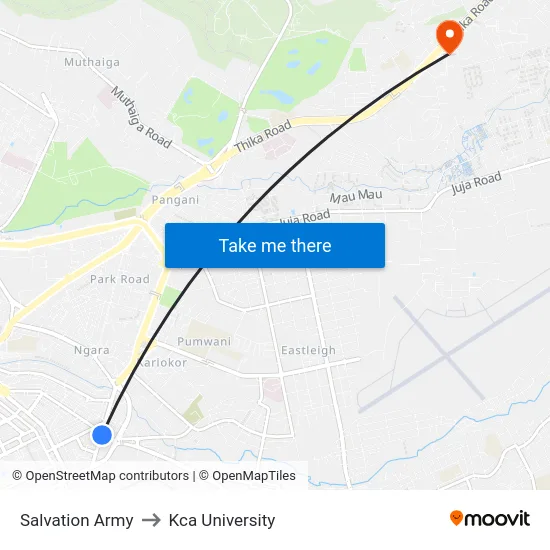 Salvation Army to Kca University map