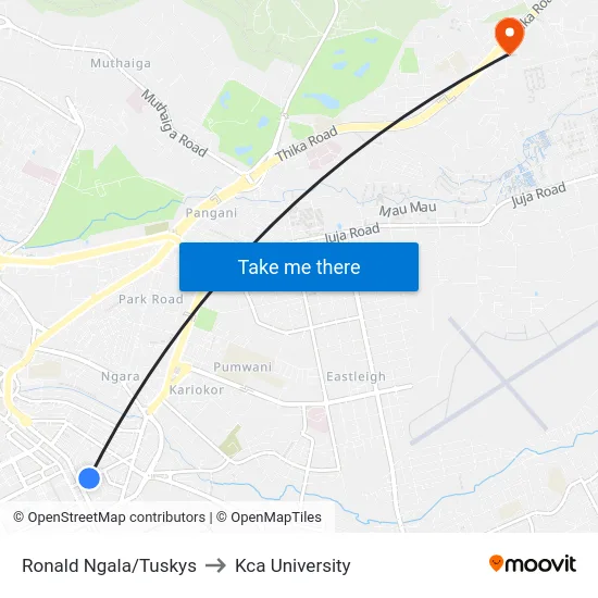 Ronald Ngala/Tuskys to Kca University map