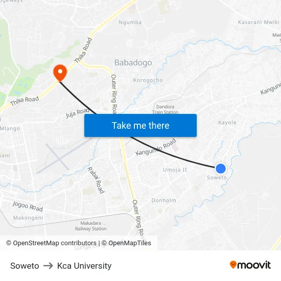 Soweto to Kca University map