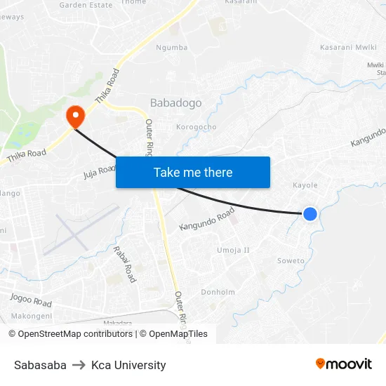 Sabasaba to Kca University map
