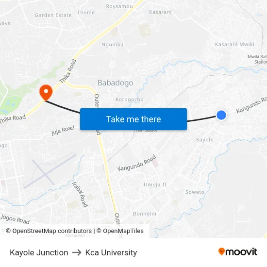 Kayole Junction to Kca University map