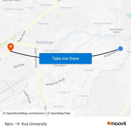 Njiru to Kca University map