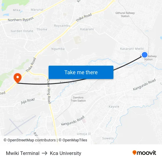 Mwiki Terminal to Kca University map