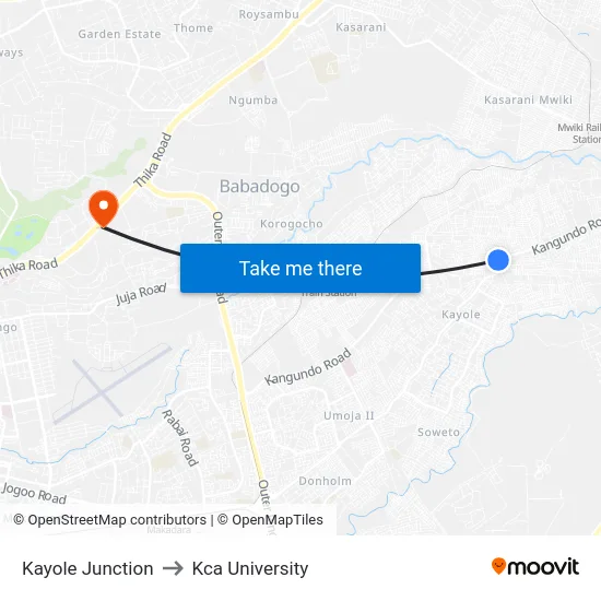 Kayole Junction to Kca University map