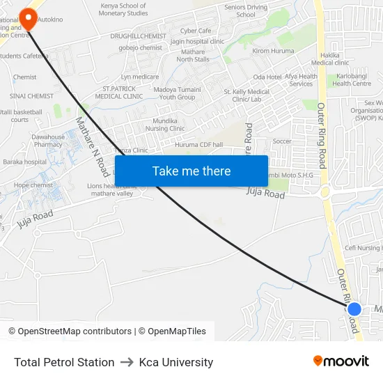 Total Petrol Station to Kca University map