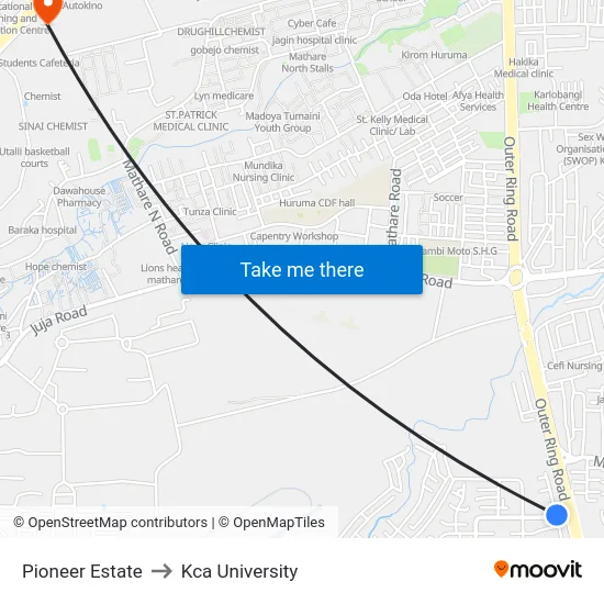 Pioneer Estate to Kca University map