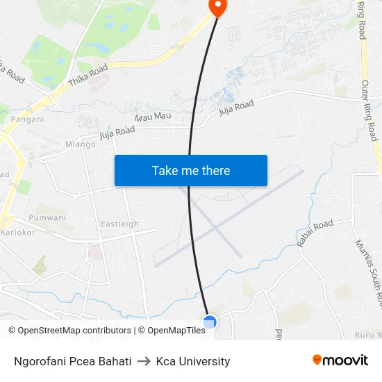 Ngorofani Pcea Bahati to Kca University map