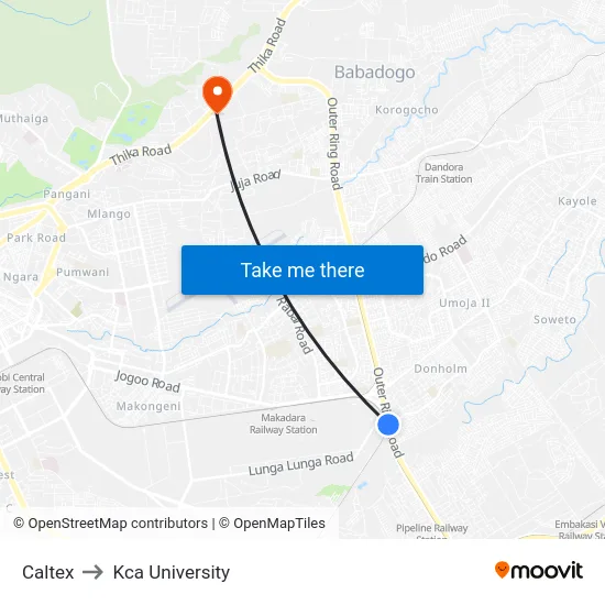 Caltex to Kca University map