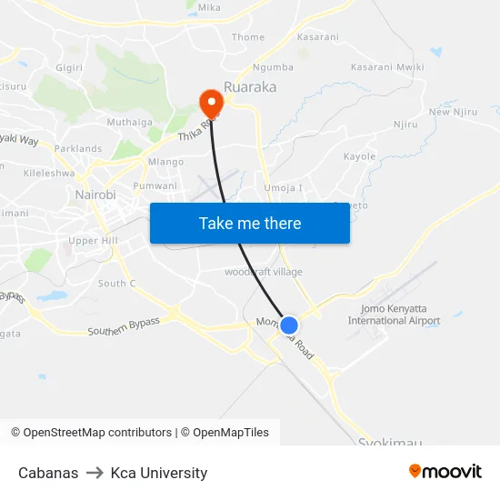 Cabanas to Kca University map