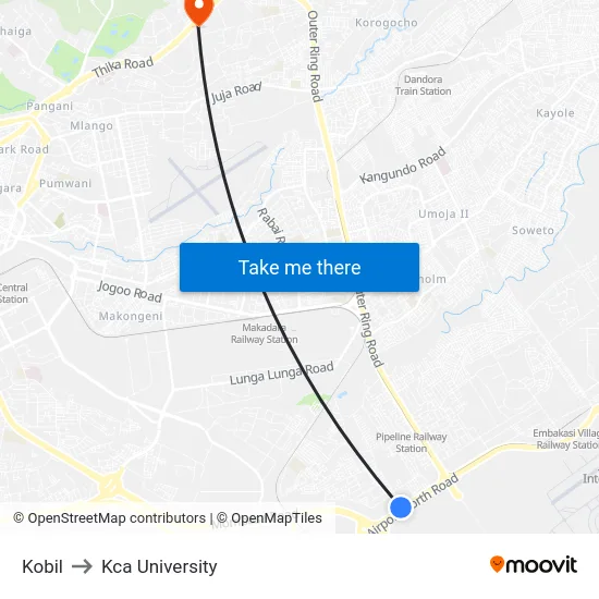Kobil to Kca University map