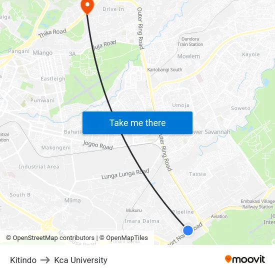 Kitindo to Kca University map