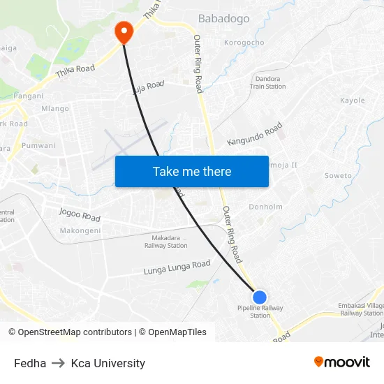 Fedha to Kca University map