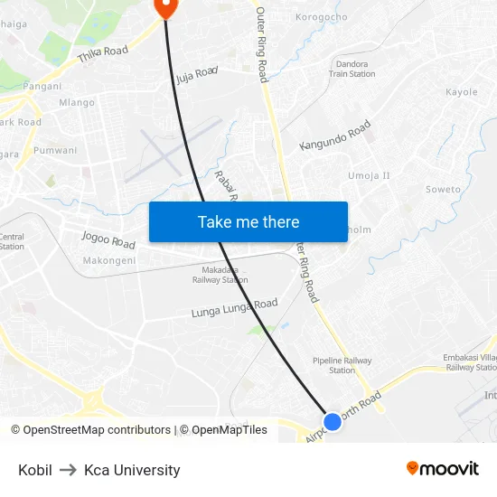 Kobil to Kca University map