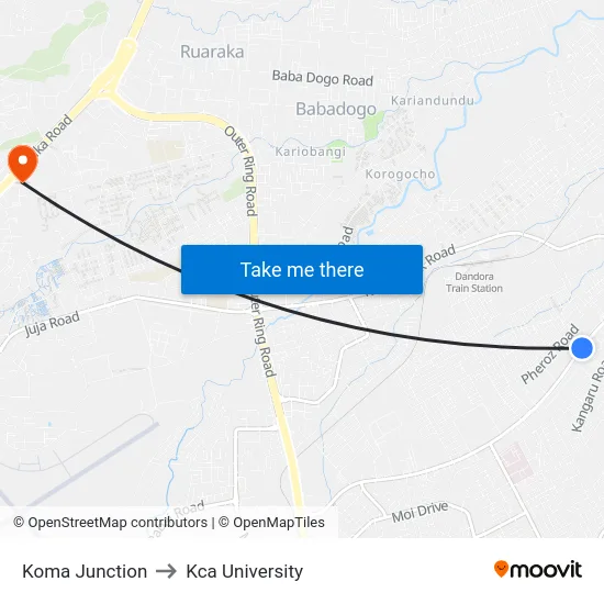 Koma Junction to Kca University map