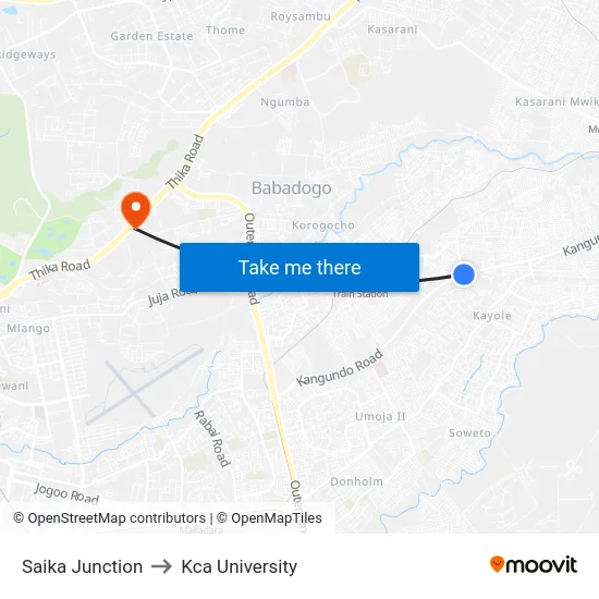 Saika Junction to Kca University map