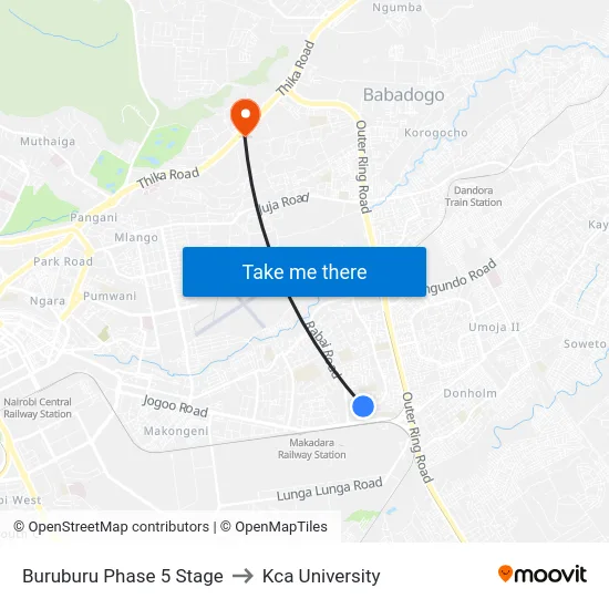 Buruburu Phase 5 Stage to Kca University map