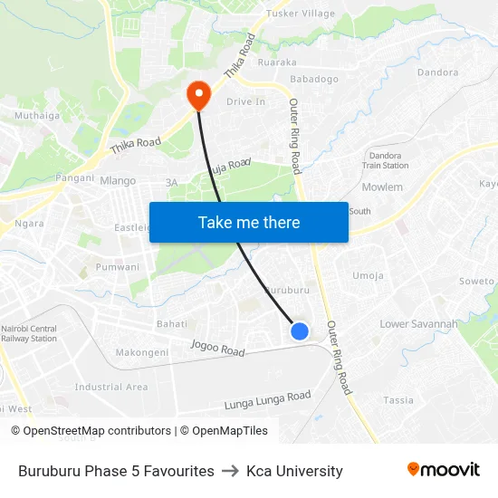 Buruburu Phase 5 Favourites to Kca University map