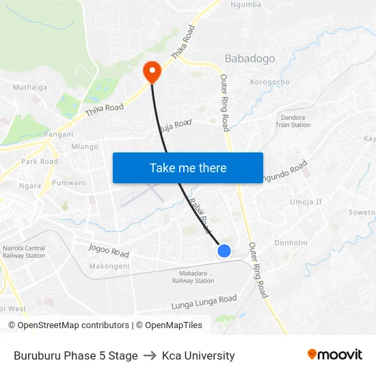 Buruburu Phase 5 Stage to Kca University map
