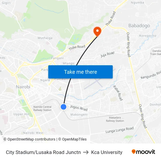 City Stadium/Lusaka Road Junctn to Kca University map