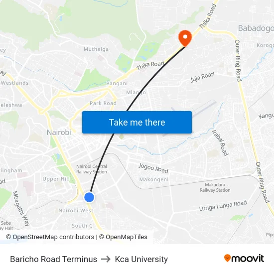 Baricho Road Terminus to Kca University map