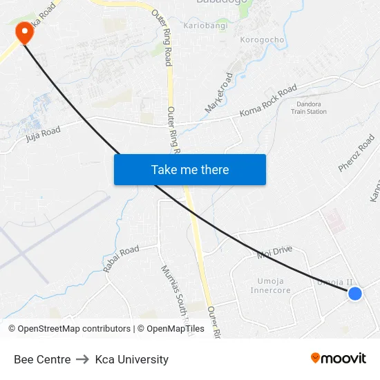 Bee Centre to Kca University map