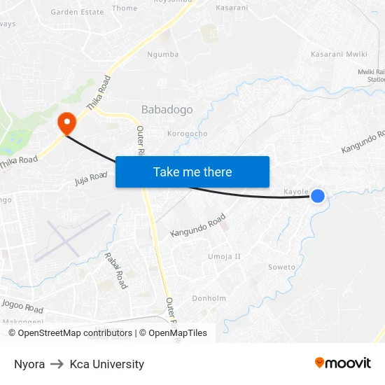 Nyora to Kca University map
