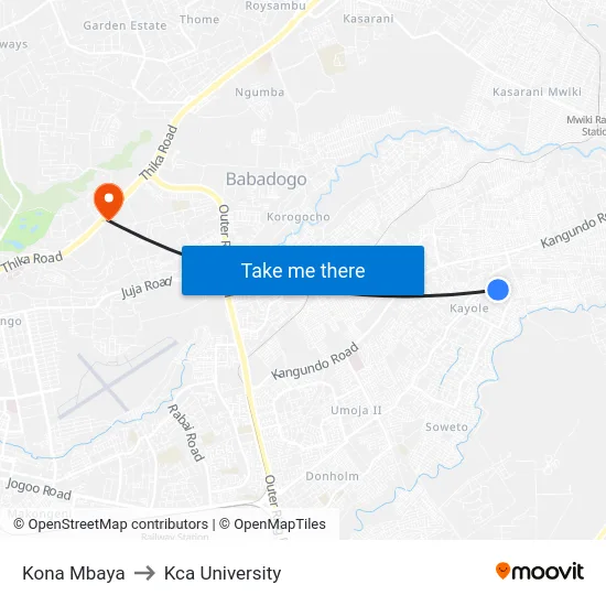 Kona Mbaya to Kca University map
