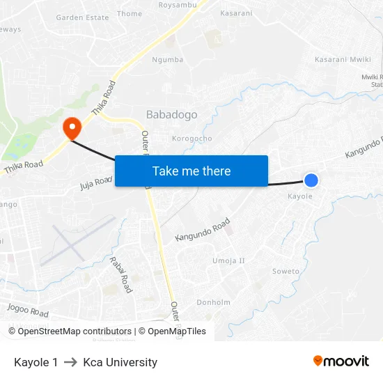 Kayole 1 to Kca University map