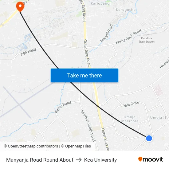 Manyanja Road Round About to Kca University map
