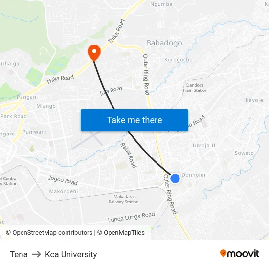 Tena to Kca University map