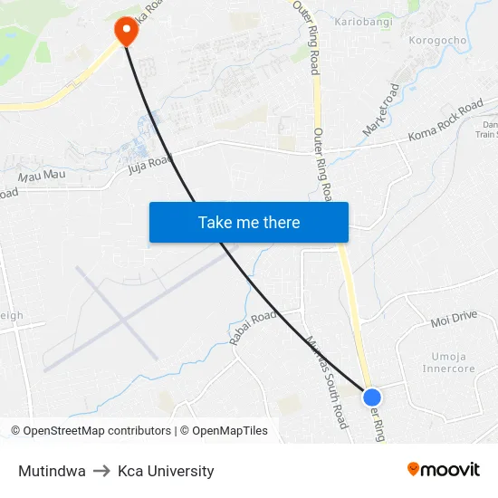 Mutindwa to Kca University map