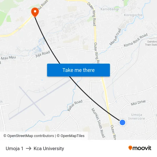 Umoja 1 to Kca University map