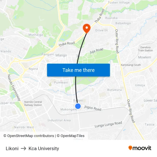 Likoni to Kca University map