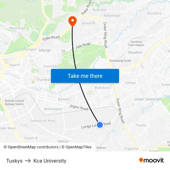 Tuskys to Kca University map