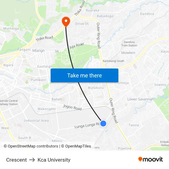 Crescent to Kca University map