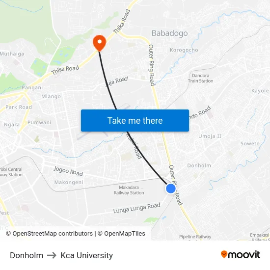 Donholm to Kca University map